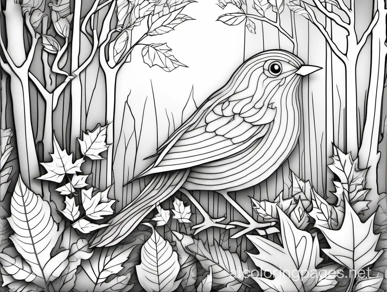  in glass transparent sculpture decor 3d effect: bird in autumn woods  by Meghan Duncanson and Jennifer Lommers and Didier Lourenço,  Alexander Jansson Enki Bilal, Coloring Page, black and white, line art, white background, Simplicity, Ample White Space. The background of the coloring page is plain white to make it easy for young children to color within the lines. The outlines of all the subjects are easy to distinguish, making it simple for kids to color without too much difficulty