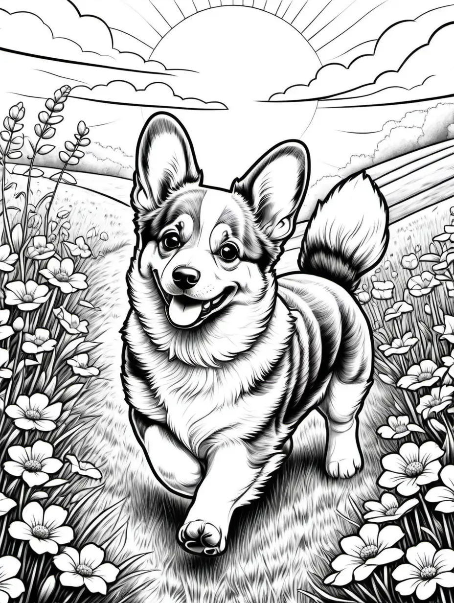 Create a colouring page, cute puppy,pembroke Welsh corgi, all white, black outline, no colour, happy, walking ,sun, grassy field, blooming flowers,across the scene,low detail, no shading, white background, no colour colouring page