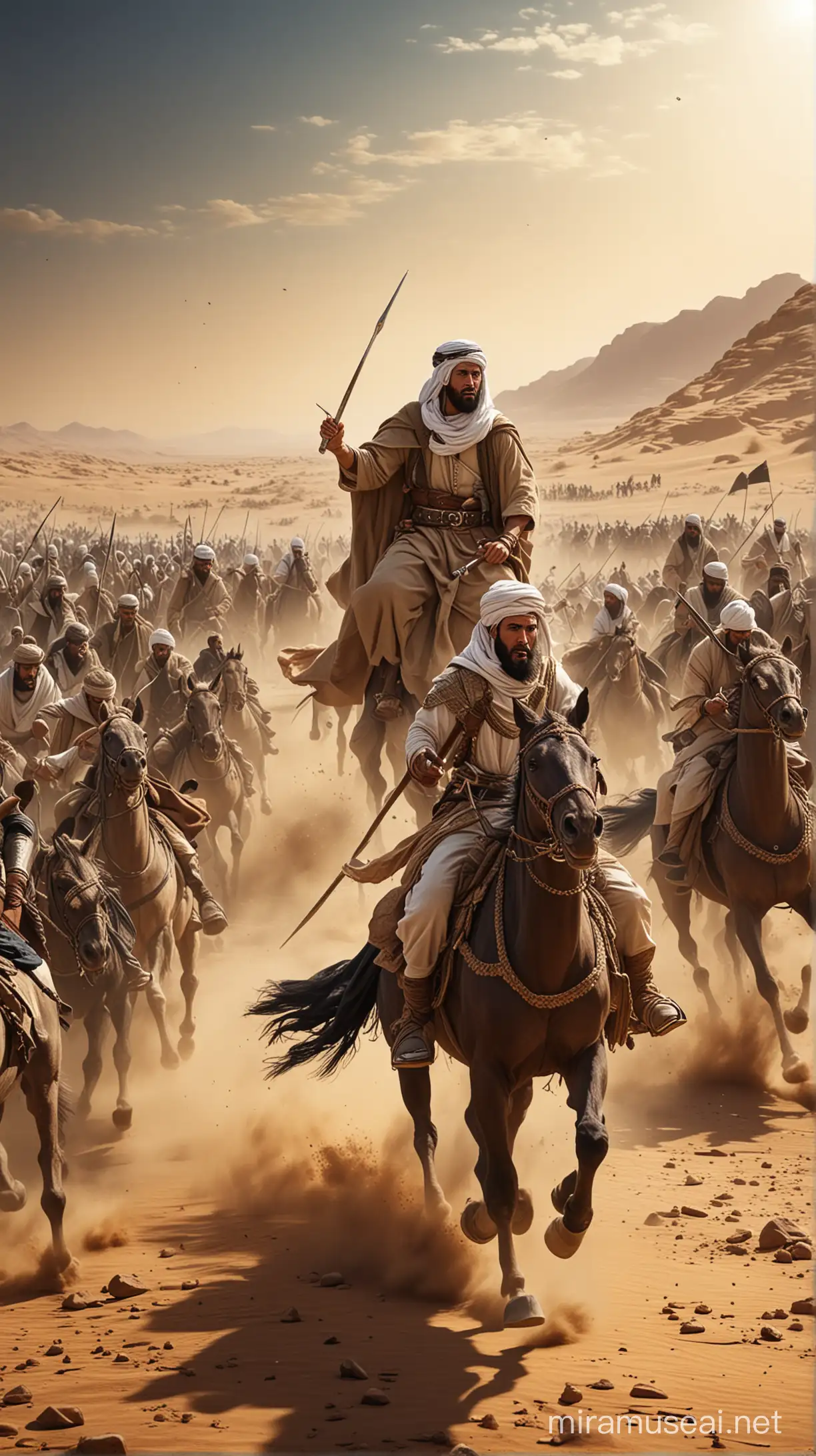 Create an illustration depicting the intense moment of the Battle of Badr, with Prophet Muhammad (peace be upon him) leading his companions into battle against the Quraysh tribe.
with isalmic tradition , HD nad 4K