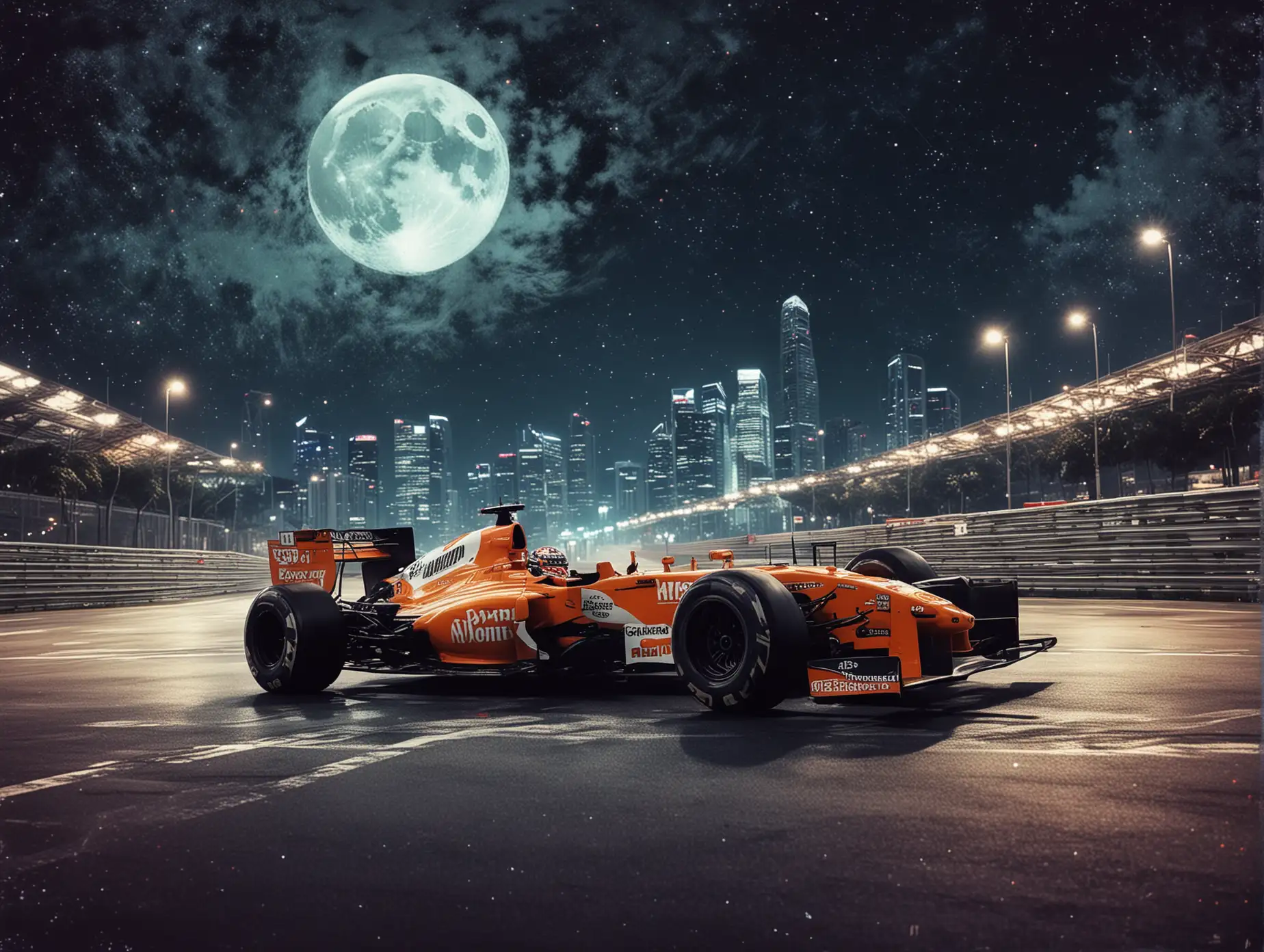  [F1 racing at night in Singapore ] dreamy lo-fi photography adds a whimsical touch, high contrast and saturation, while vibrant colors and the presence of scribbles evokes a sense of mystery. The moon and stars in the background illuminate the scene, creating a truly enchanting image. Emphasis on mixed media collage