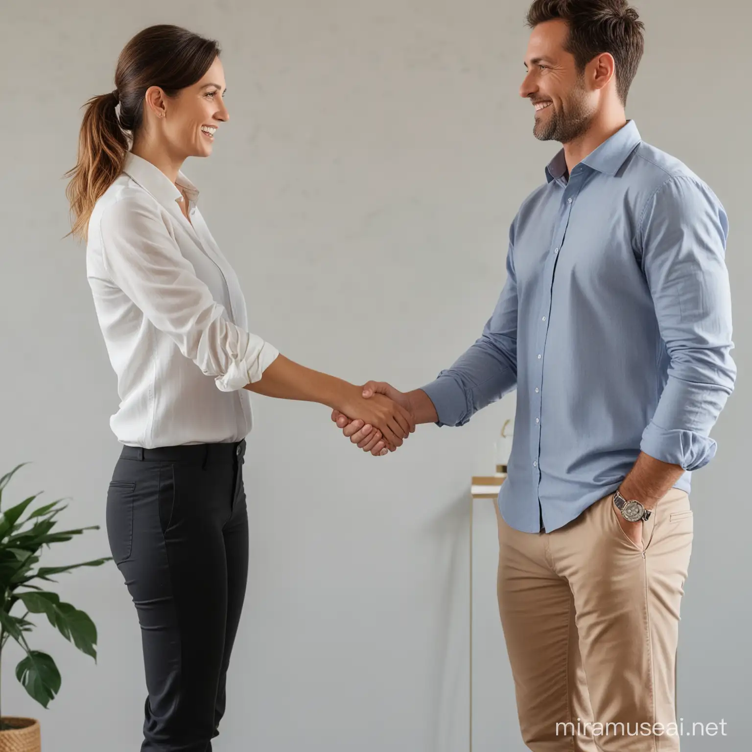 confidant sales woman in New Zealand and male business owner, casually dressed, shaking hands 