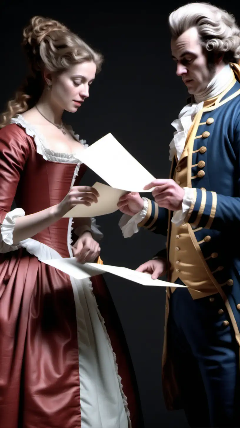 make an image of a men and women exchanging letters in 18 th century england .hyper realistic  clear detail 8k