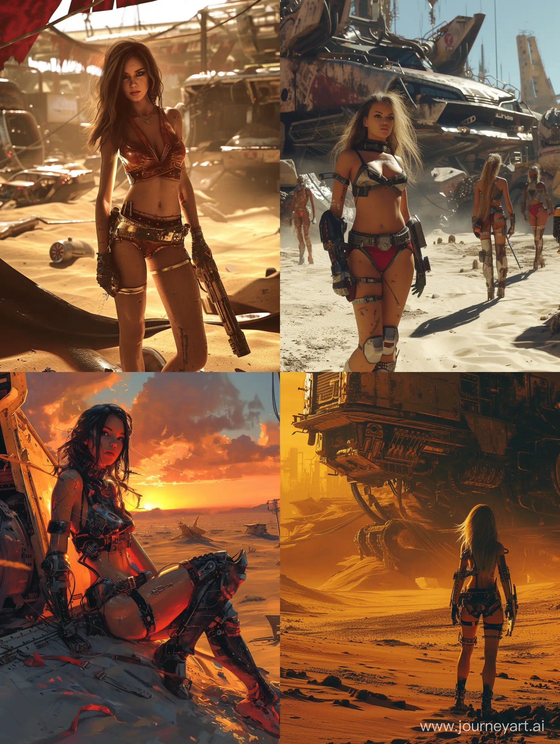 Apocalyptic wasteland, Cyberpunk, metal, Desert, Sexy women, high detail, 4k, 8k quality, glow