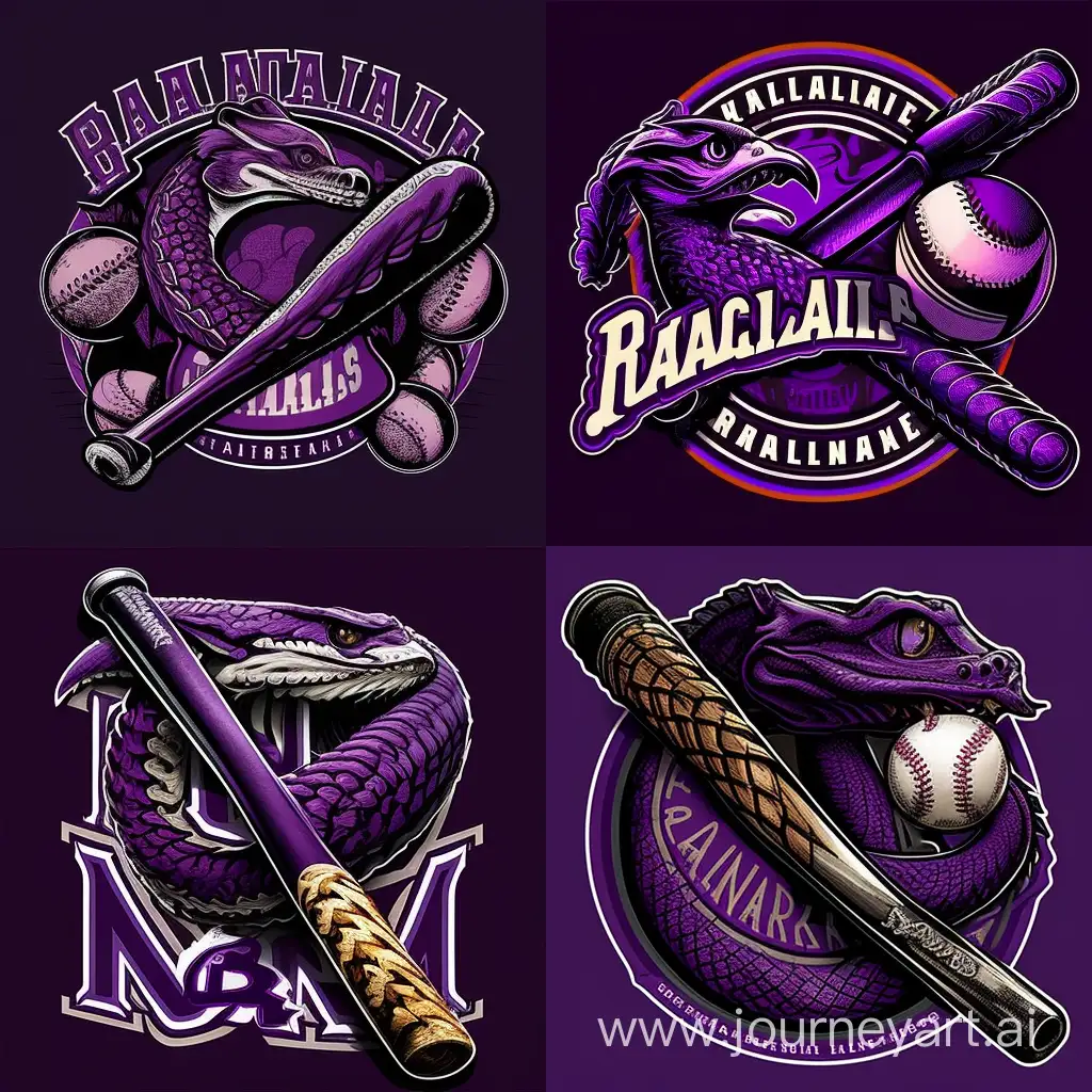 team logo, softball bat and ball, rattlesnake, purple color. name RattleSnake