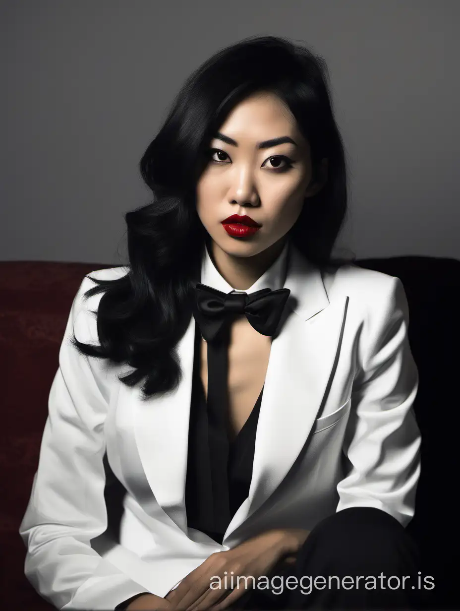 Elegant-Asian-Woman-in-Tuxedo-Seated-in-Sophisticated-Dark-Interior