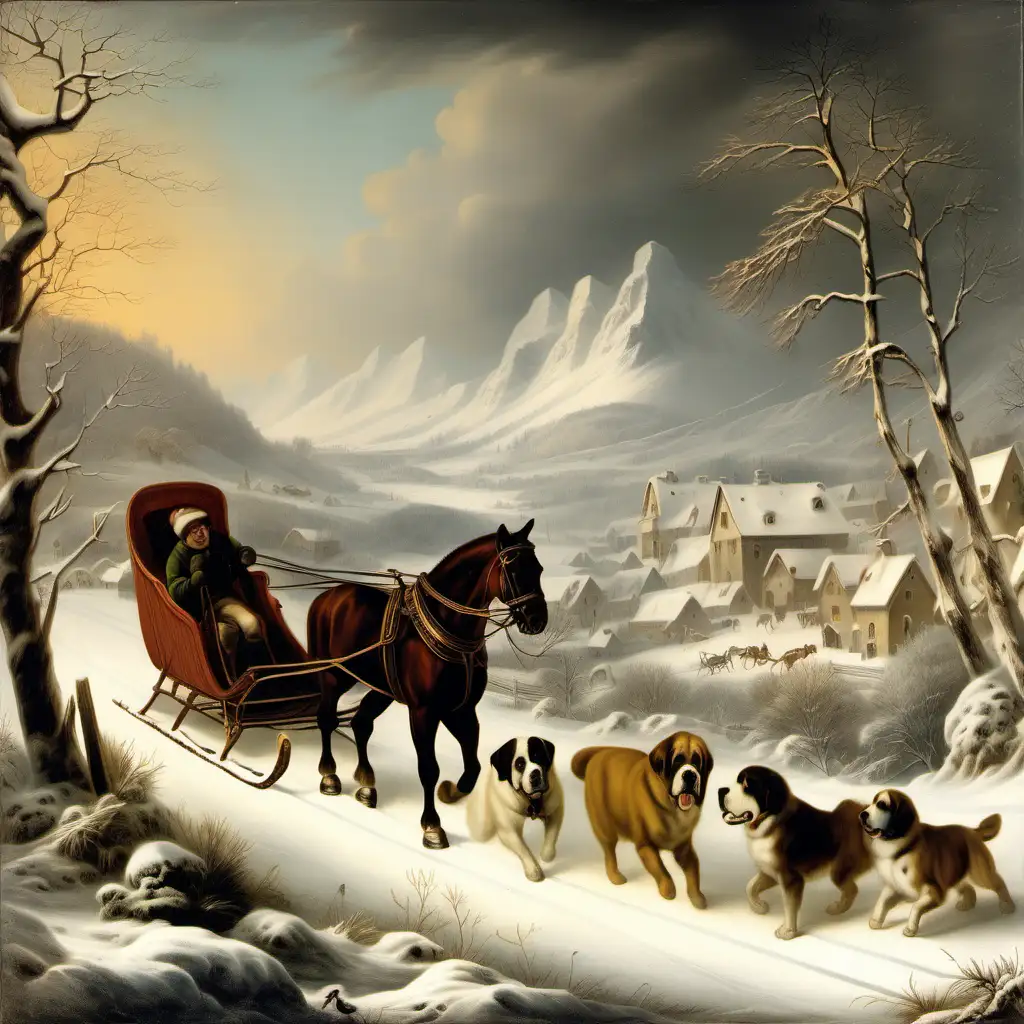 Magical Winter Wonderland 19th Century Snowscape with Sleigh Skier and Saint Bernard Dog
