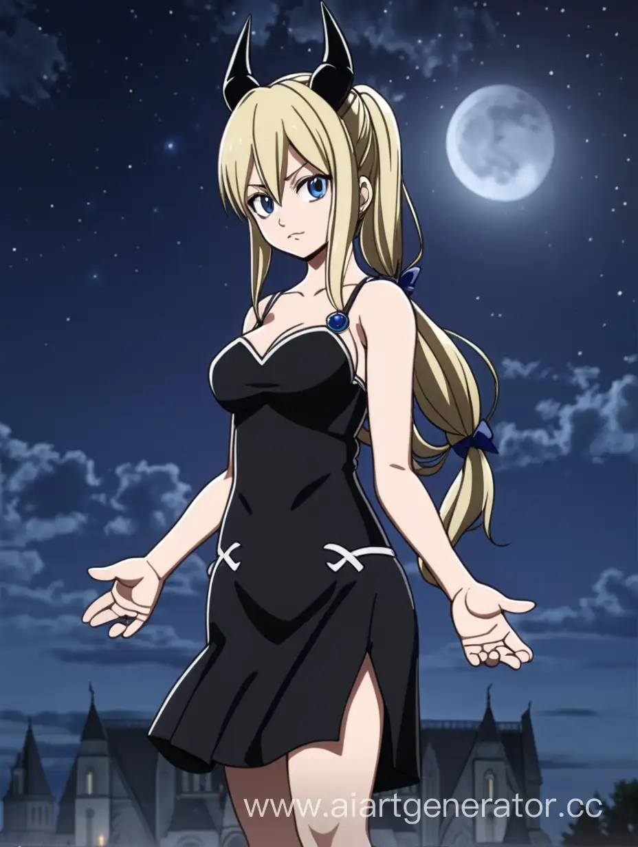 Девушка, Люси Сердоболия ,из аниме хвост феи с двумя чёрными рожками, демон , в полный рост, стоит сложа руки, в черном платье , ночью при луне