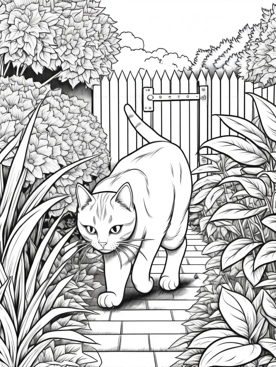 colouring page of a cat sneaking through a garden