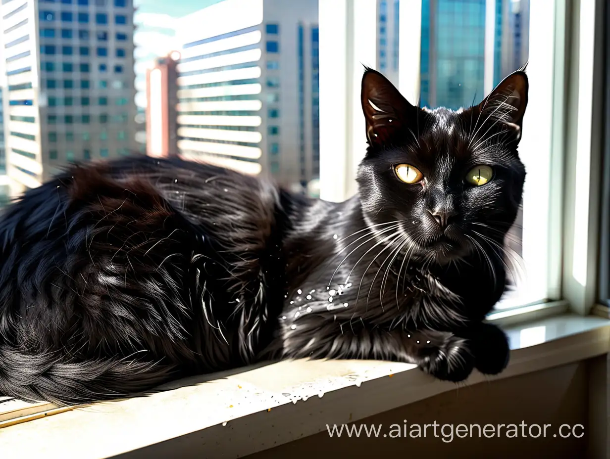 гладкошерстная черная кошка с белым пятном на груди,  лежит на подоконнике у окна на 17 этаже, смотрит в окно слева на право