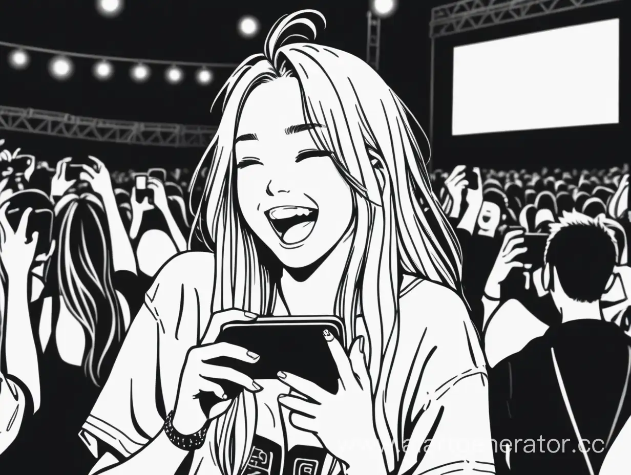 девушка блондинка с длинными и смеется и снимает на телефон на концерте в стиле черно-белой японской манги