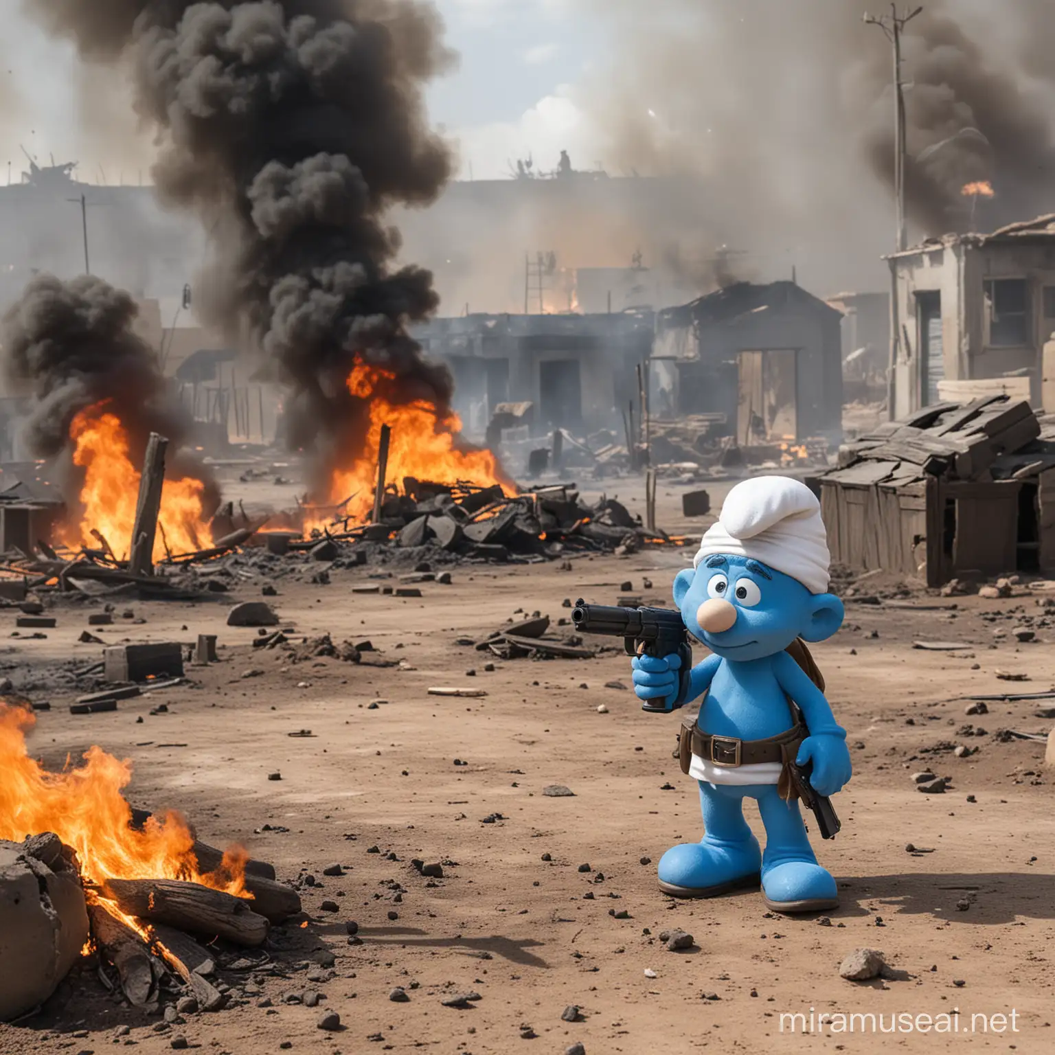   Smurf inwar torn area. open space. fires and explosions, holding a gun, with a military uniform