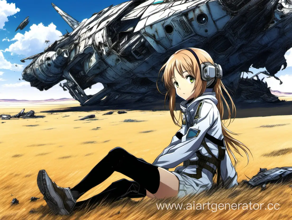 Anime-Girl-Sitting-by-Crashed-Spaceship-on-the-Steppe