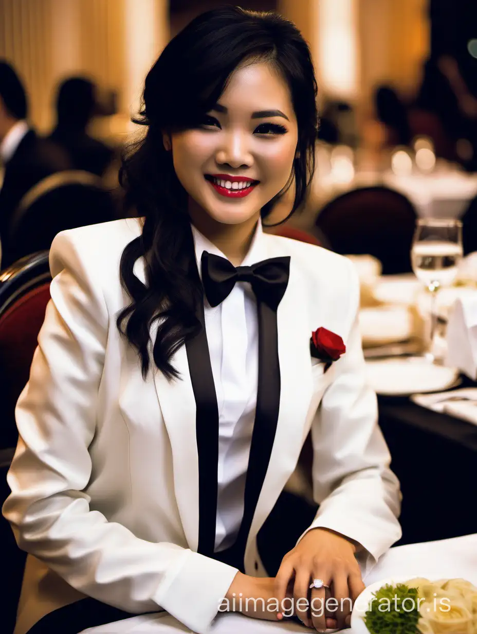 A 25 year old hot Vietnamese woman wearing a black tuxedo jacket and a white shirt and a black bow tie and big cufflinks is sitting at a dinner table.  She is smiling.  She has shoulder length black hair and is wearing lipstick.  Her jacket has a corsage.
