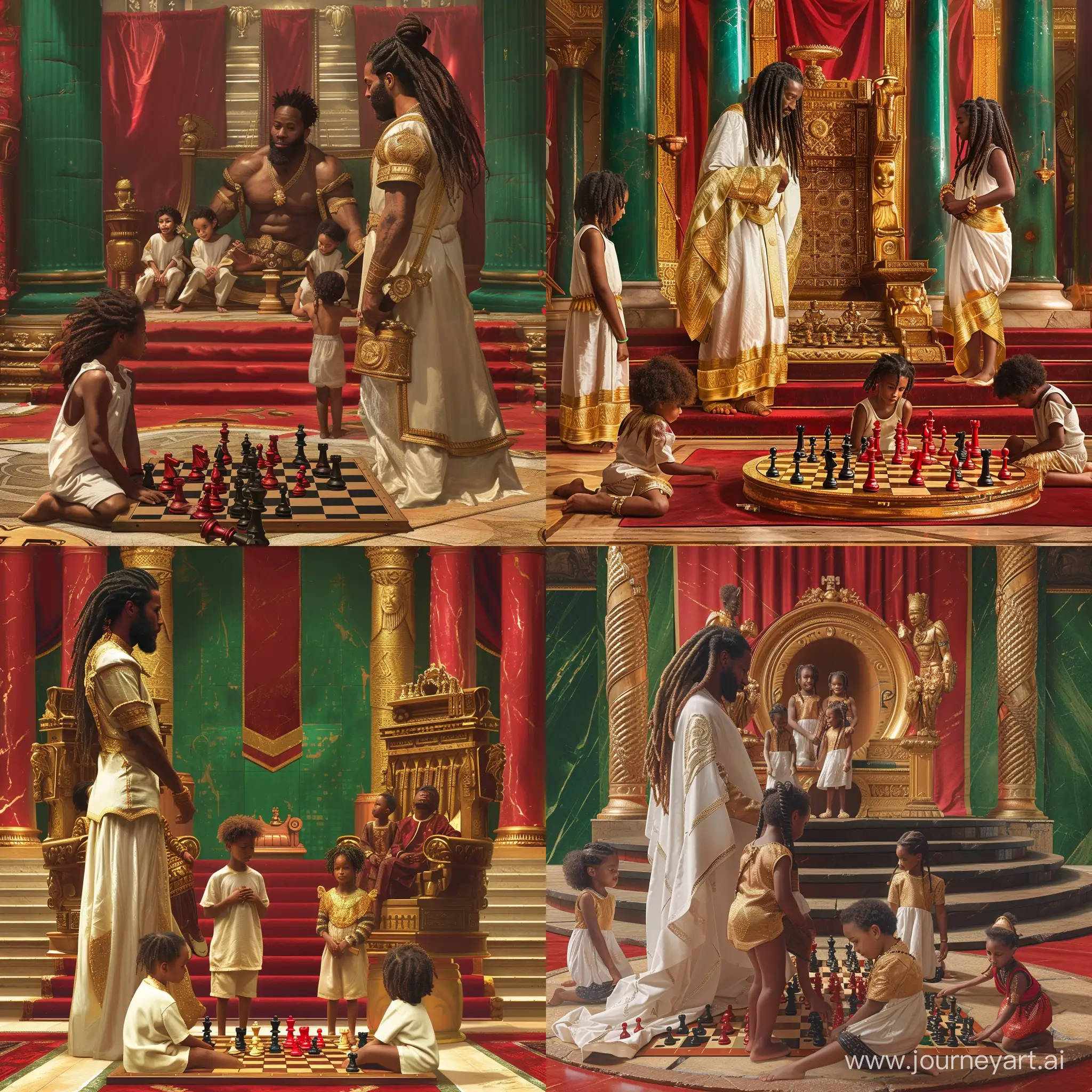 Hyper-realistic detailed images of African American , handsome king and beautiful queen dreadlocks, dressed in royal gold white garments standing in the golden palace large red green throne room, watching their 5 children, on floor playing brown chessboard,  with red and black chess pieces, on the king's large ancient thrones