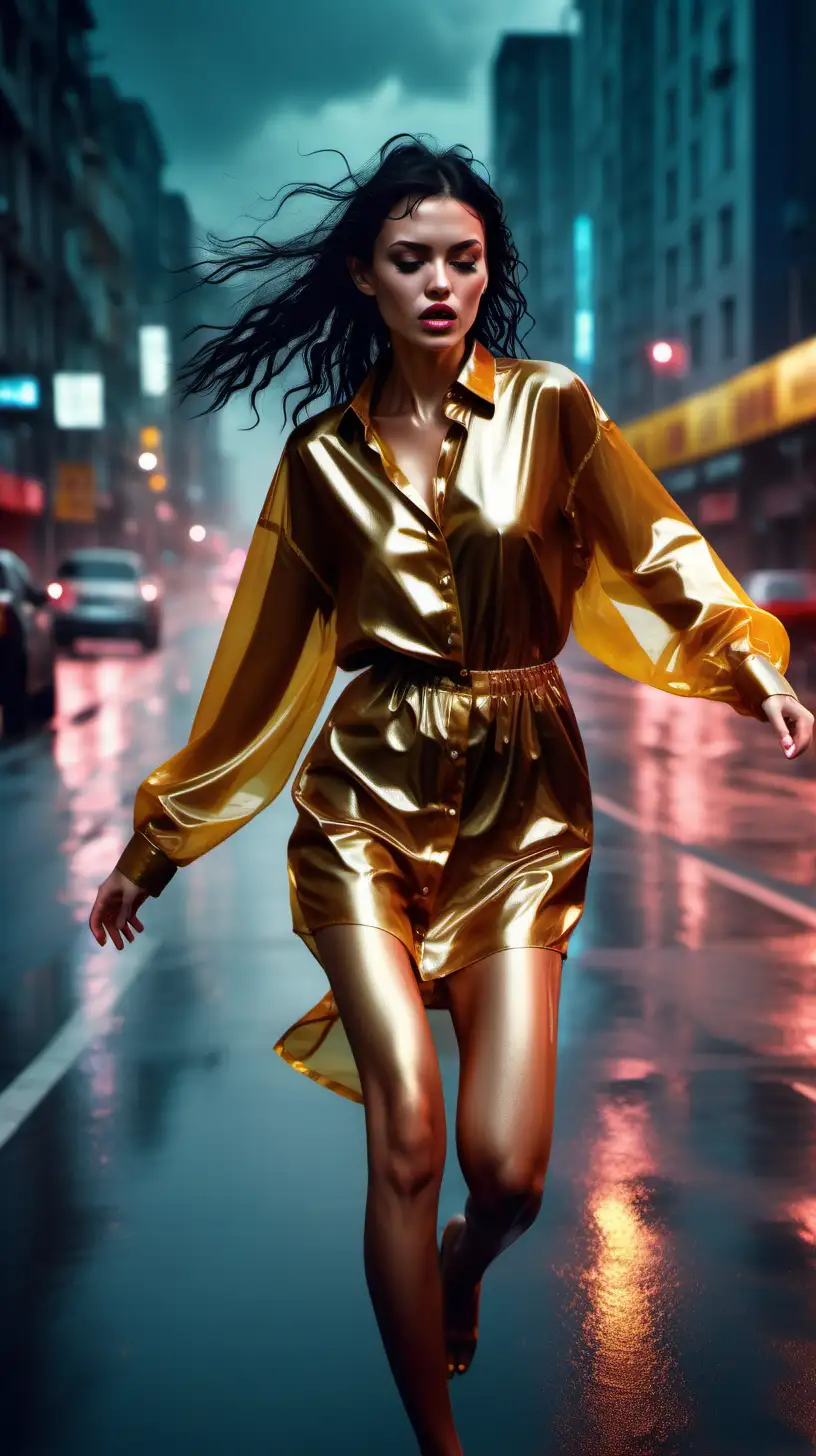 Elegant Woman in Gold Satin Blouse Running on Neon City Road in Stormy Weather