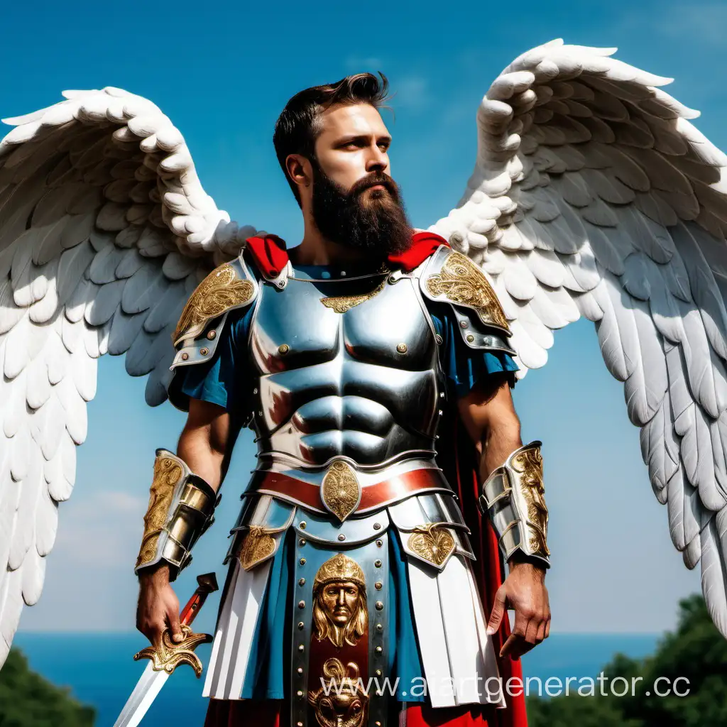 Ангел-мужчина с бородой, в римских доспехах, на фоне Рая.