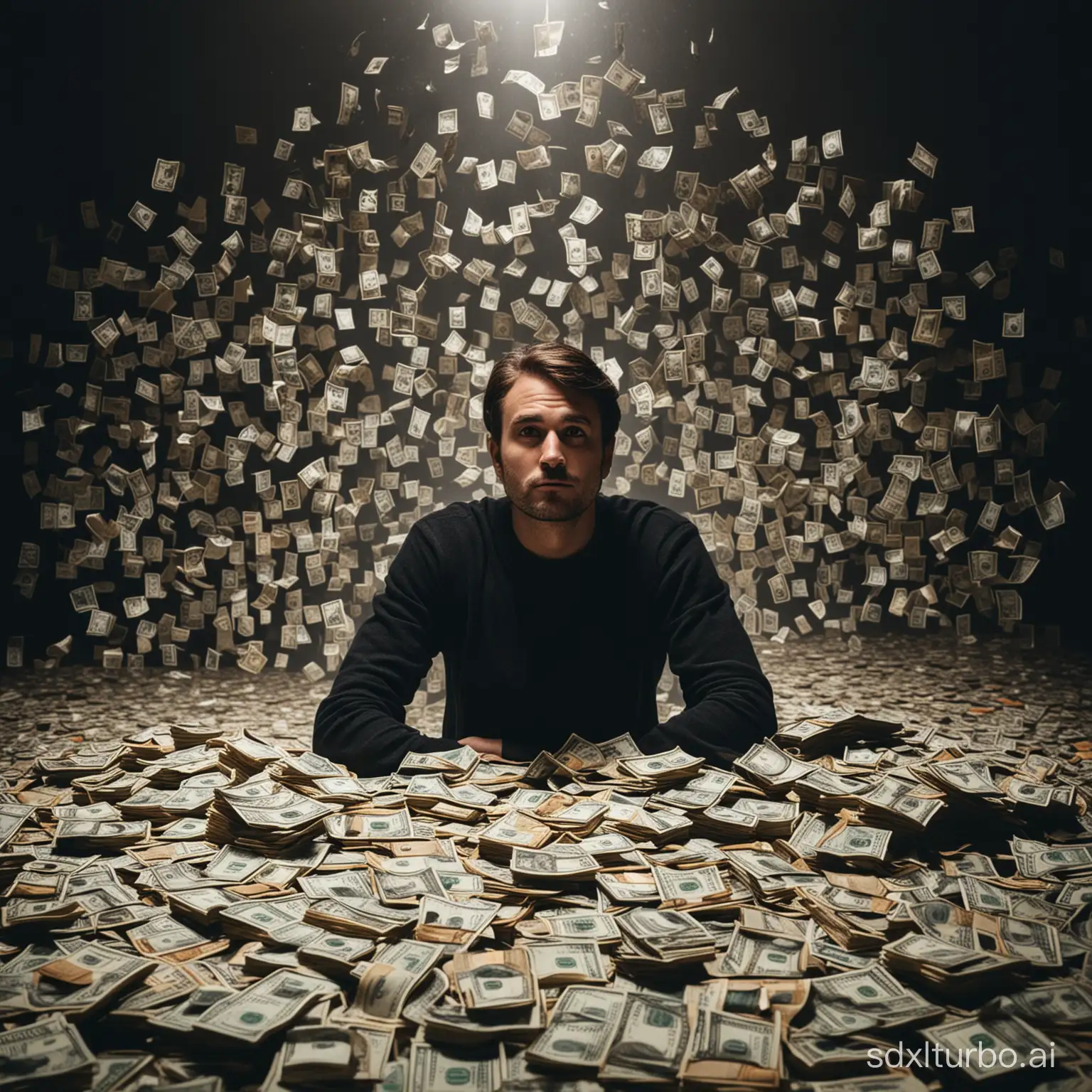 man surrounded with money in a dark room