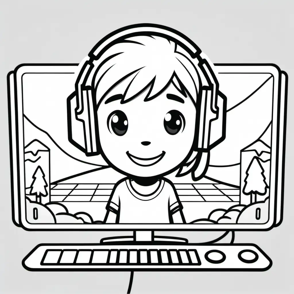 coloring image for kids, thick solid lines, video game online game screen player with headset