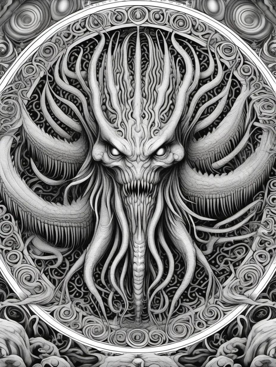 Adult coloring book page. High details. Black and white. No grayscale. Open spaces for coloring. Perfect symmetry mandala scaled for ar 3:4. Terrifying eldritch monster rising from ocean, in style of H.R. Giger