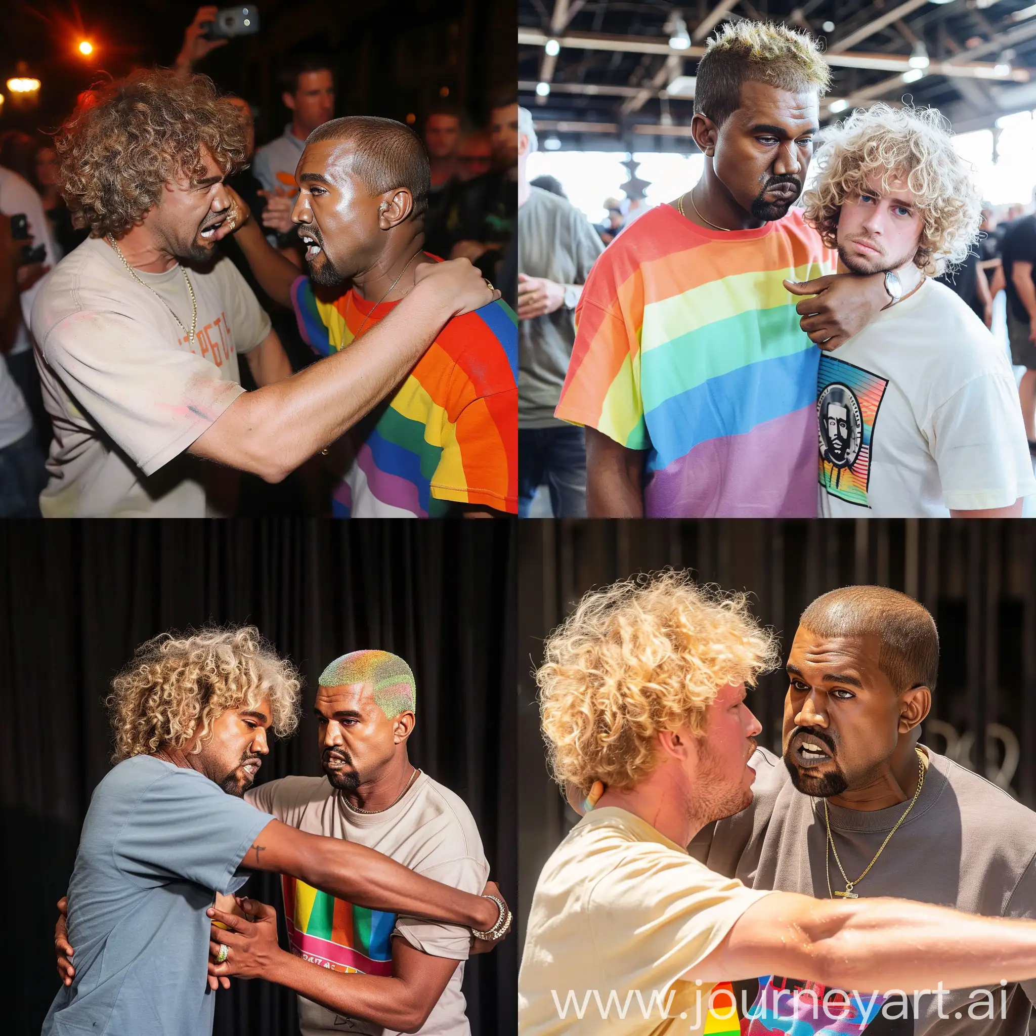 Photo of the rapper kanye west slapping a guy with blond curly hair and a t shirt rainbow 