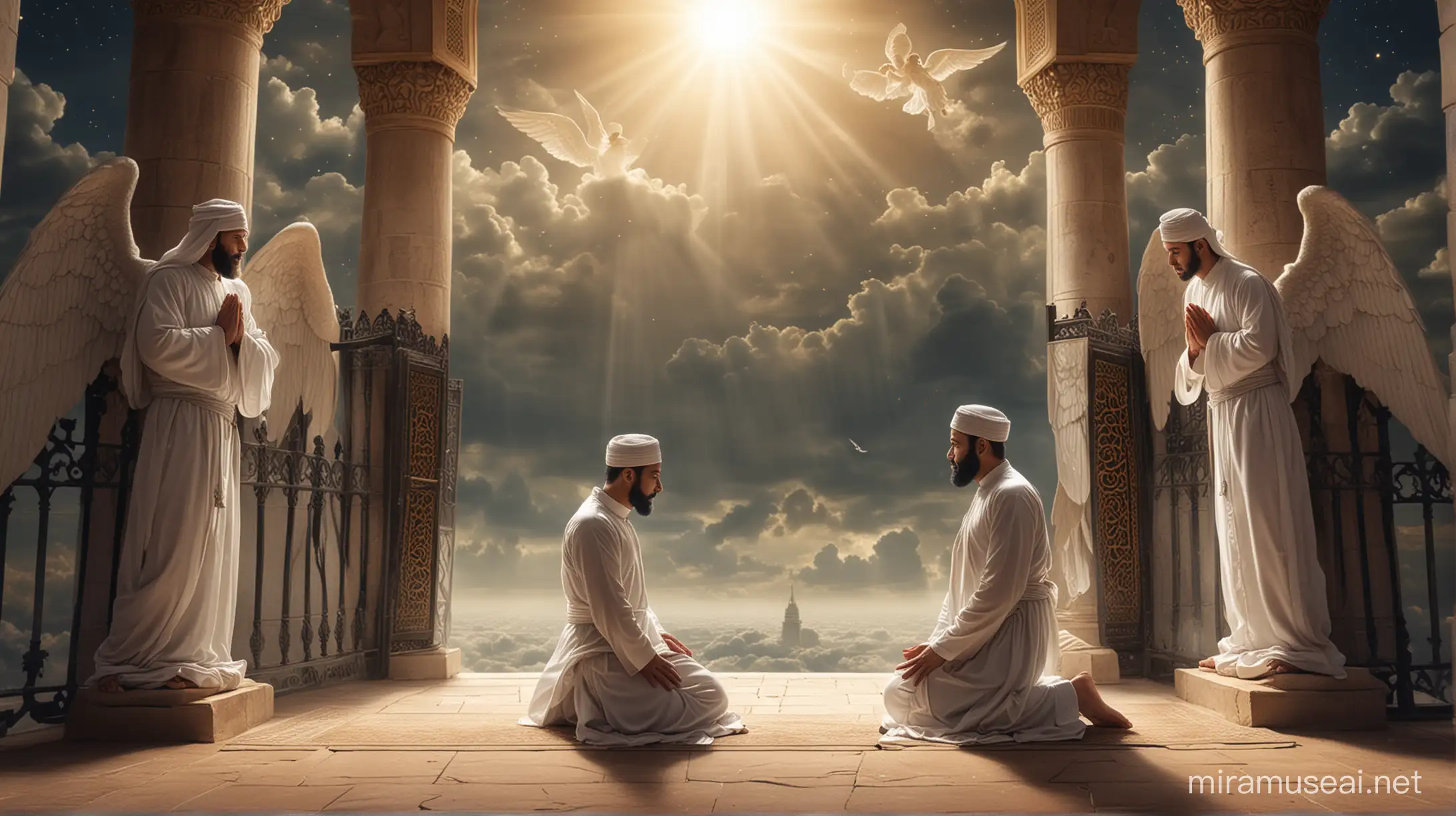 Show a Muslim man humble on knees posture in front of his lord above heavens with two angels on gate 