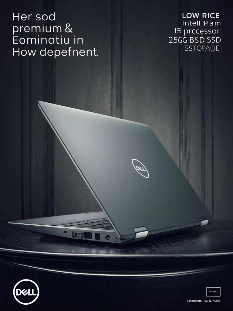 Create an advertisement creative for Dell laptop. Make a little changes in attached image. It should look more premium. The text should be clearly visible. Some features are low price, 16 GB RAM, Intel i5 WiFi 256GB SSD