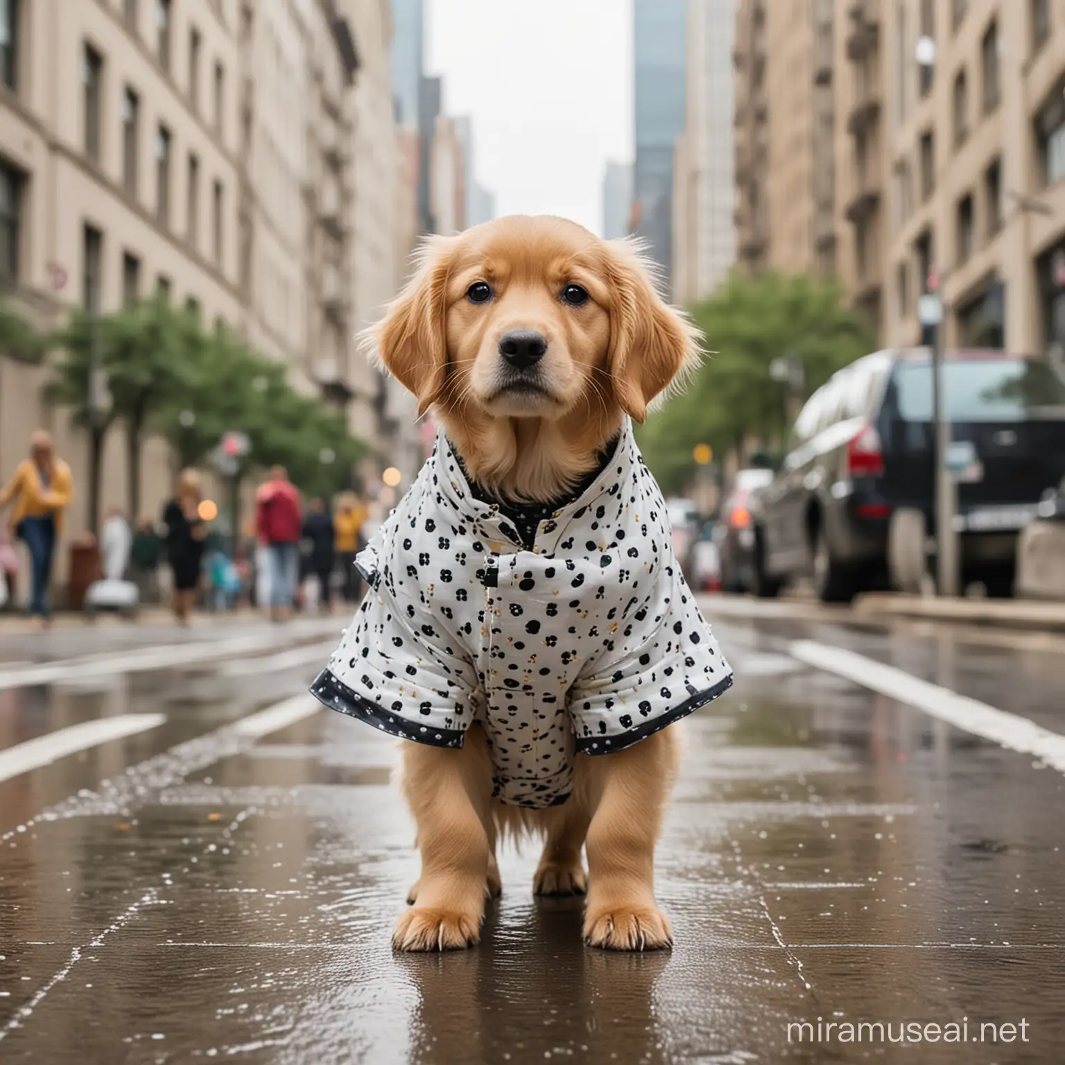 A tiny, fluffy puppy dressed in a fashionable polka-dot raincoat, walking down a bustling city street, with tall buildings in the background.

Dog at the Park: A golden retriever wearing a bandana around its neck, pla