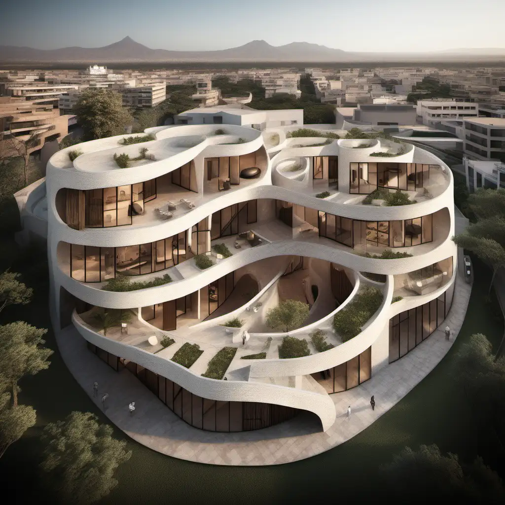 Flexible building with several openings and passages leading to rooms.. bird eye view.
with Mexican architecture welcoming with a balance of curves

