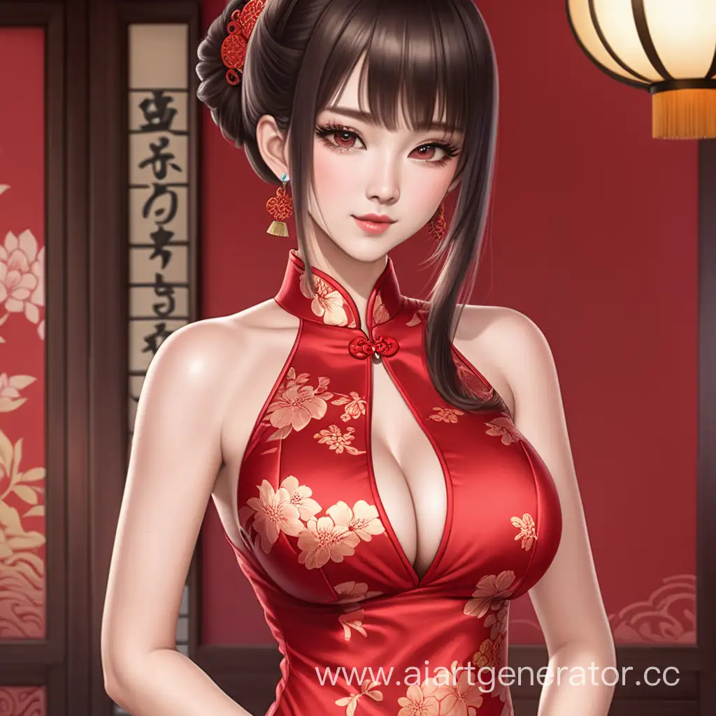 Sensual-Elegance-Alluring-Mature-Woman-in-Red-Cheongsam