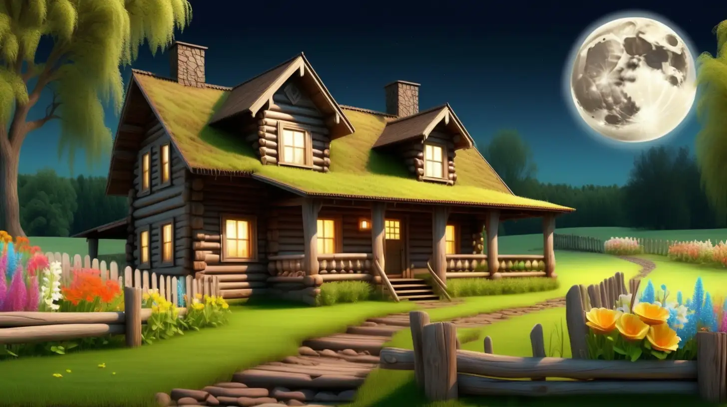 Enchanting Country Night Moonlit Wooden House and Waterfall