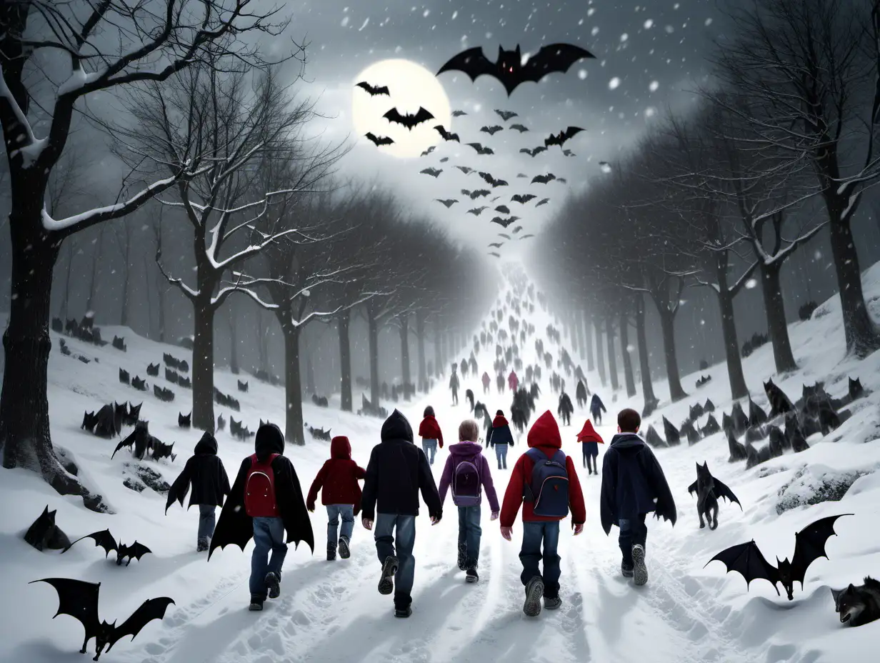 Children Walking to School Uphill in Snow Blizzard with Werewolves and Vampire Bats