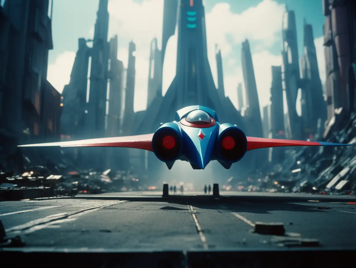 cinematic film still, gatchaman.  battle of the planets. g-force, space science team, dystopian city ruins, shallow depth of field, vignette, highly detailed, high budget hollywood movie, bokeh, cinemascope, moody, epic, gorgeous, film grain