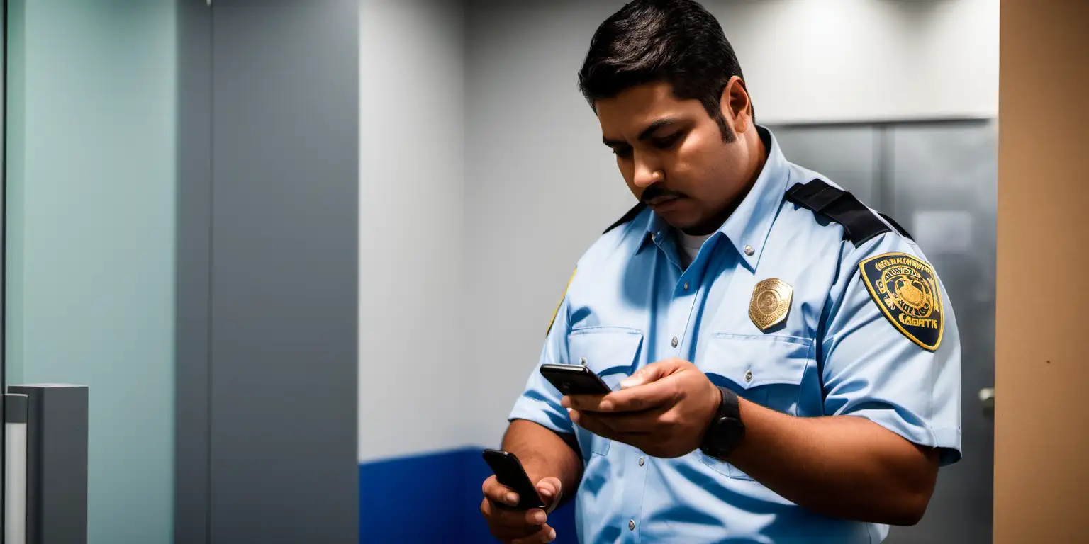 Latino Security Guard Conducting Mobile Patrol in Corporate Setting