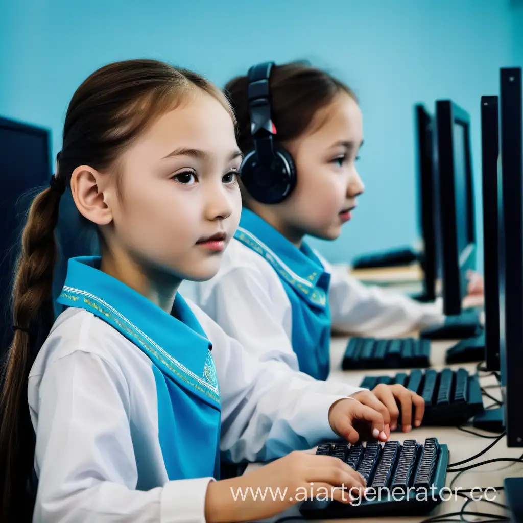красивые казахские школьники в компьютерном кабинете школы за компьютером программируют без наушников