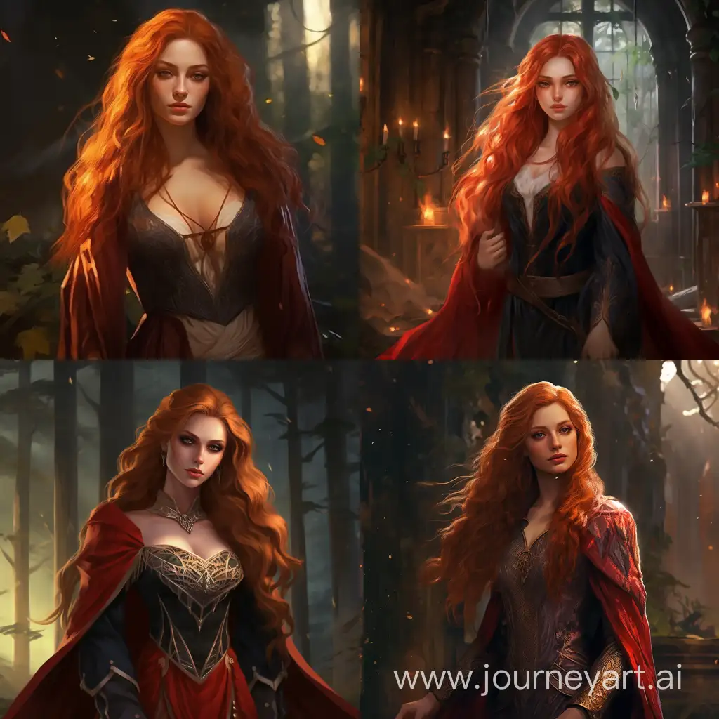 medium shot half-elf curvy evil nobility sorcerer girl with long red hair, elf ears  and freckles in  sorcerer aristocratic expensive robe in magic forest in dungeon and dragons style, art style