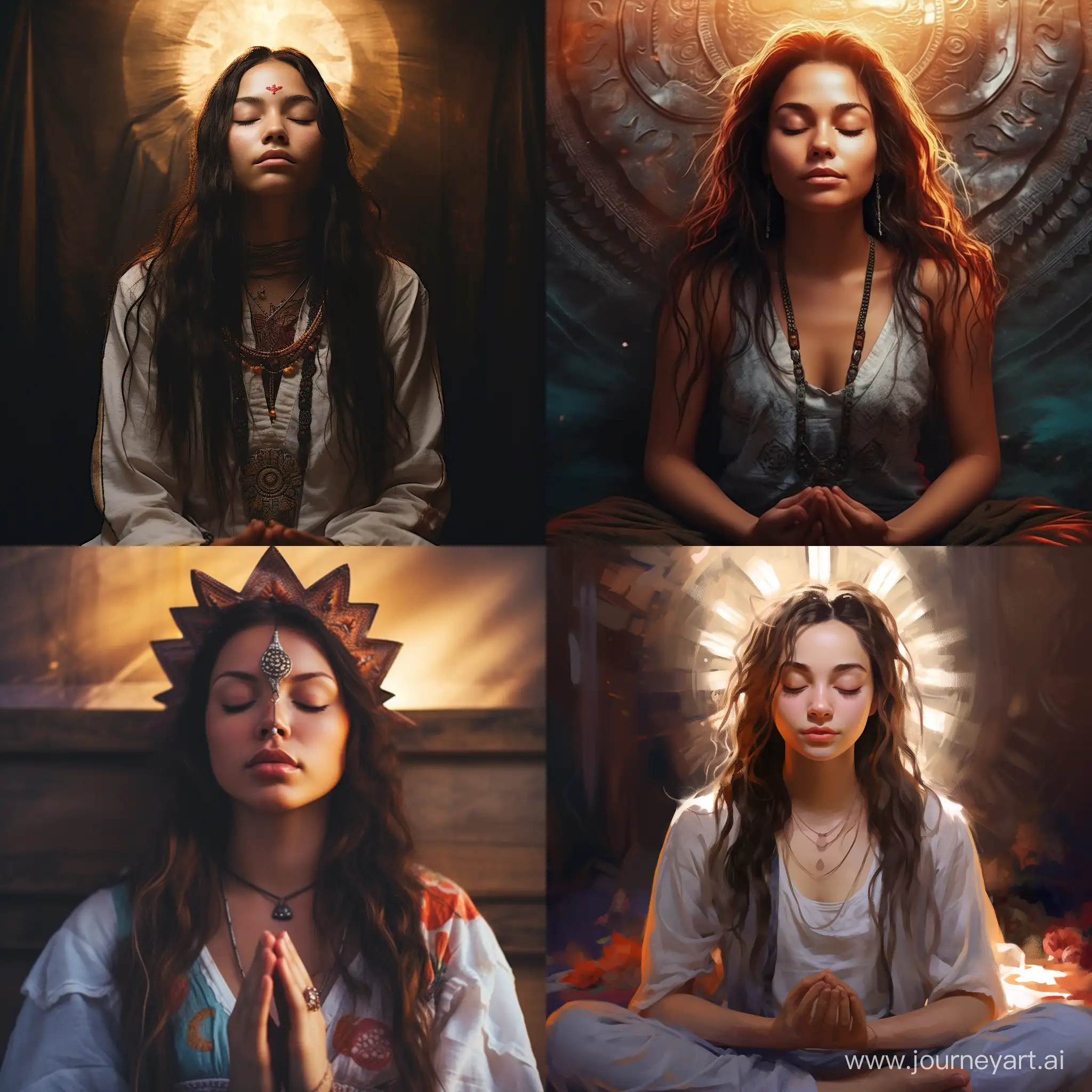 Emily a teenage spiritual shaman girl with her eyes closed in meditative prayer

