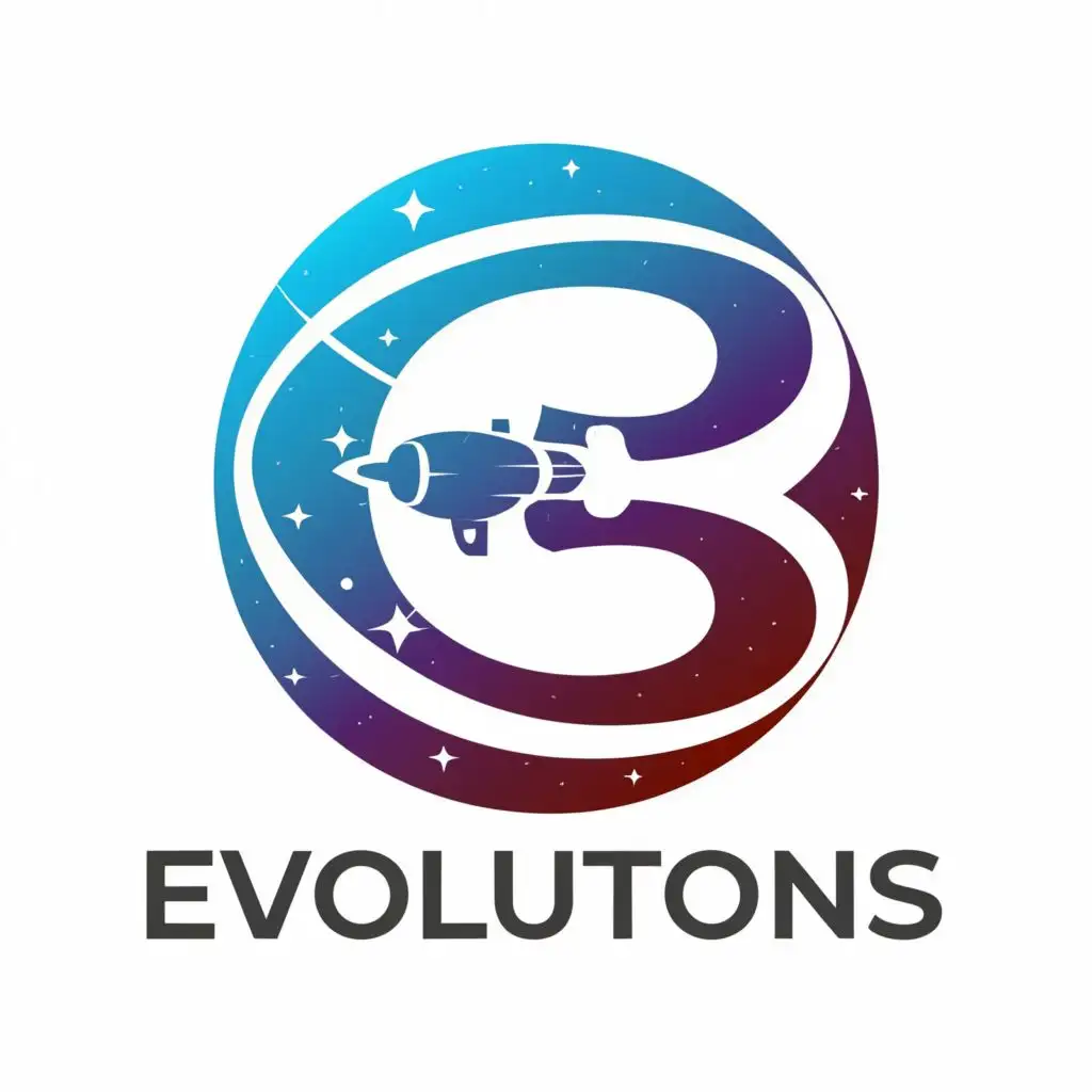 a logo design,with the text "Evolutions", main symbol:Main Symbol of my logo is lowecase letter e with spaceship,Moderate,clear background