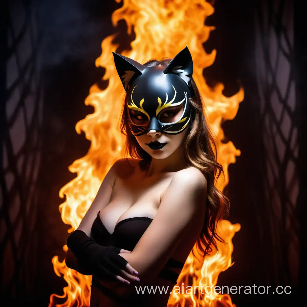 сексуальная девушка в маске кошки смотрит вниз на грех яркое пламя сзади 


