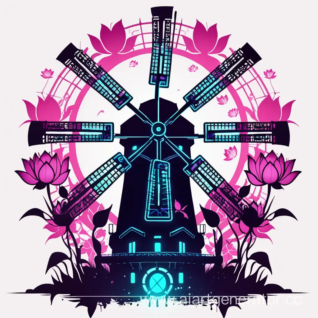 the windmill . Blooming lotuses and weapons are many weapons. human silhouettes .cyberpunk style. The alliance logo
