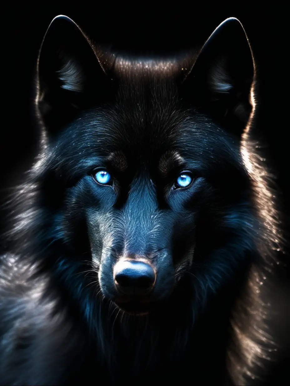 a face of a black wolf with blue eyes looking straight away black backround