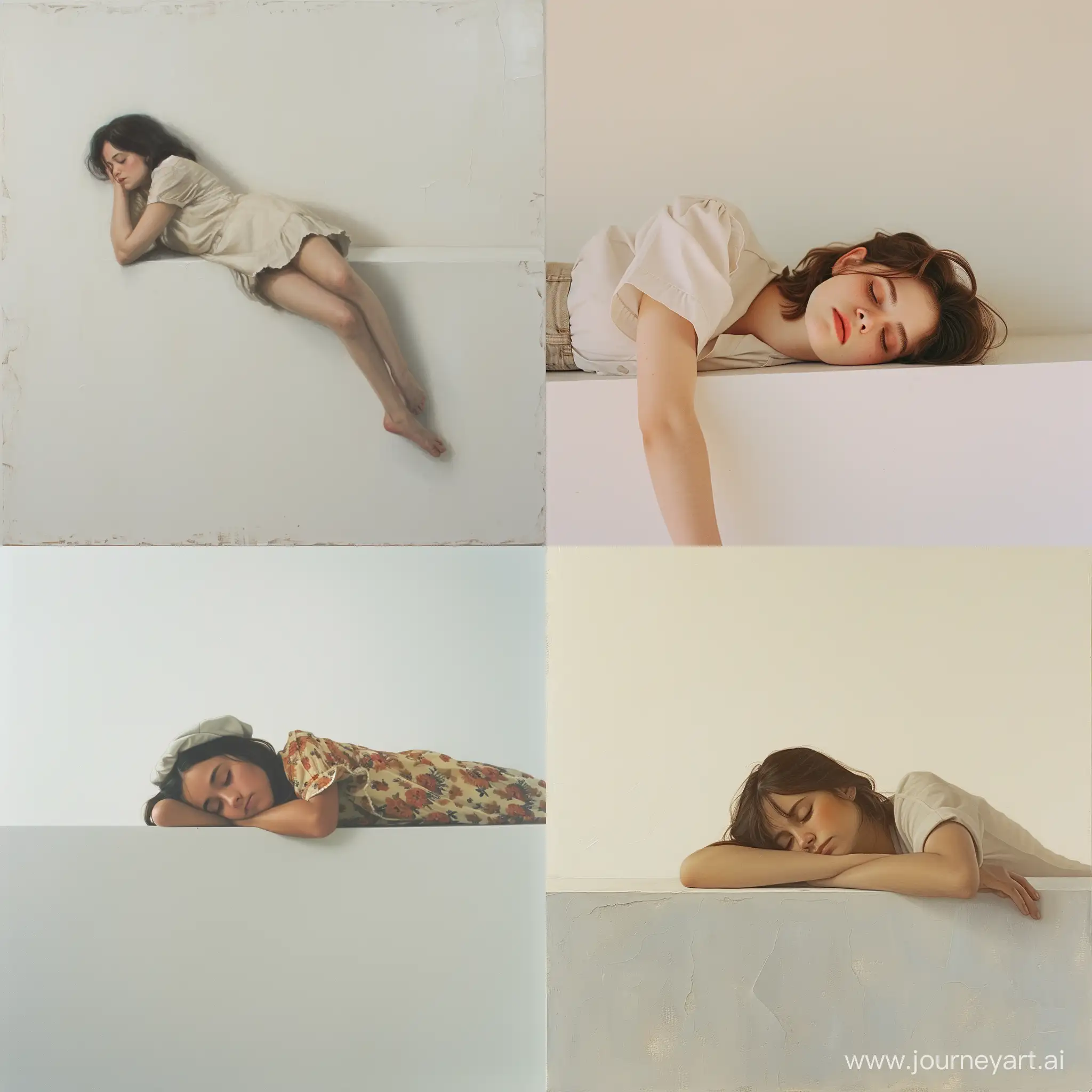 a girl laying on a white wall 