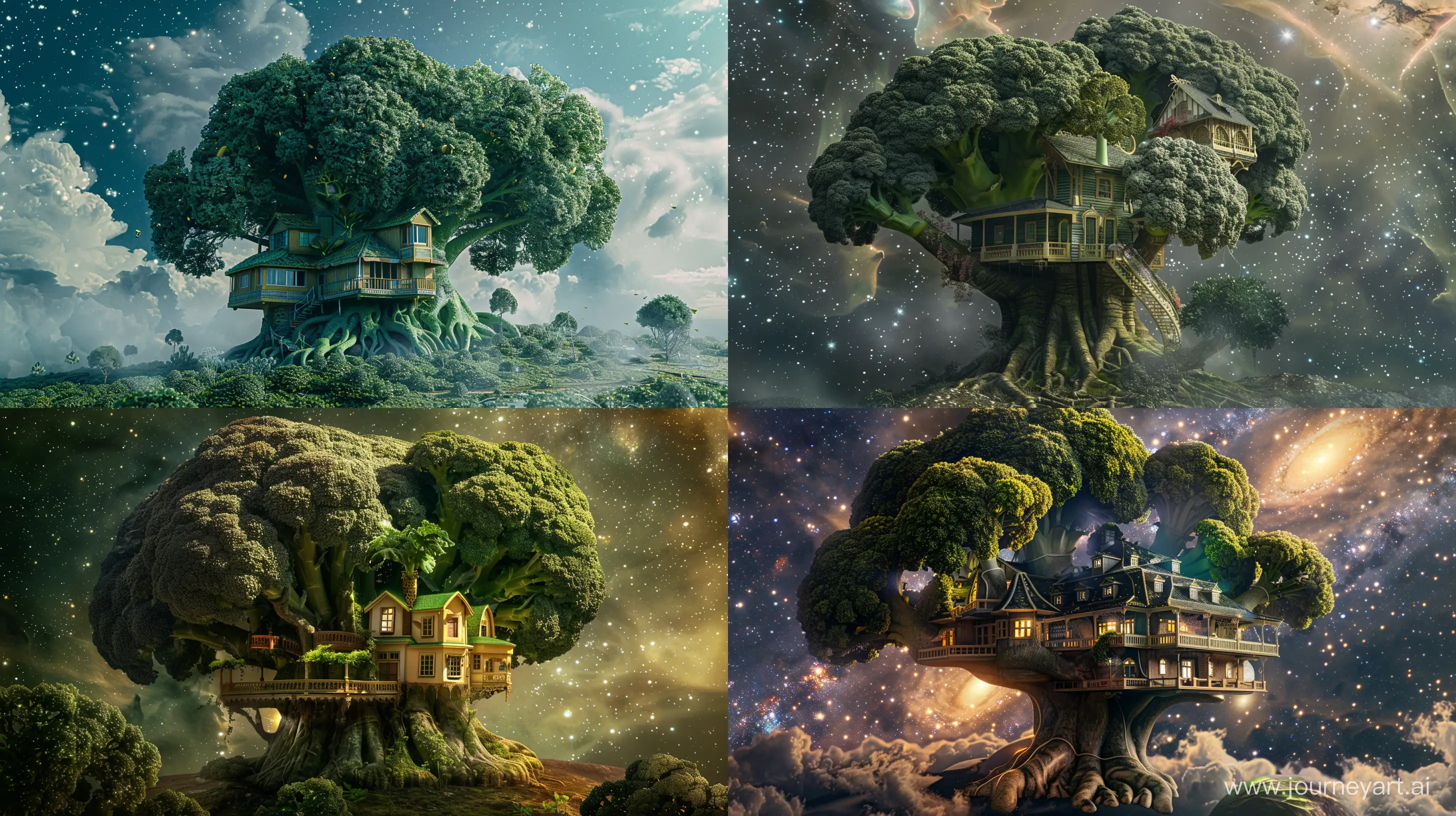 big house in the shape of banyan tree and broccoli, in the galaxy, fantasy style, realistic --ar 16:9