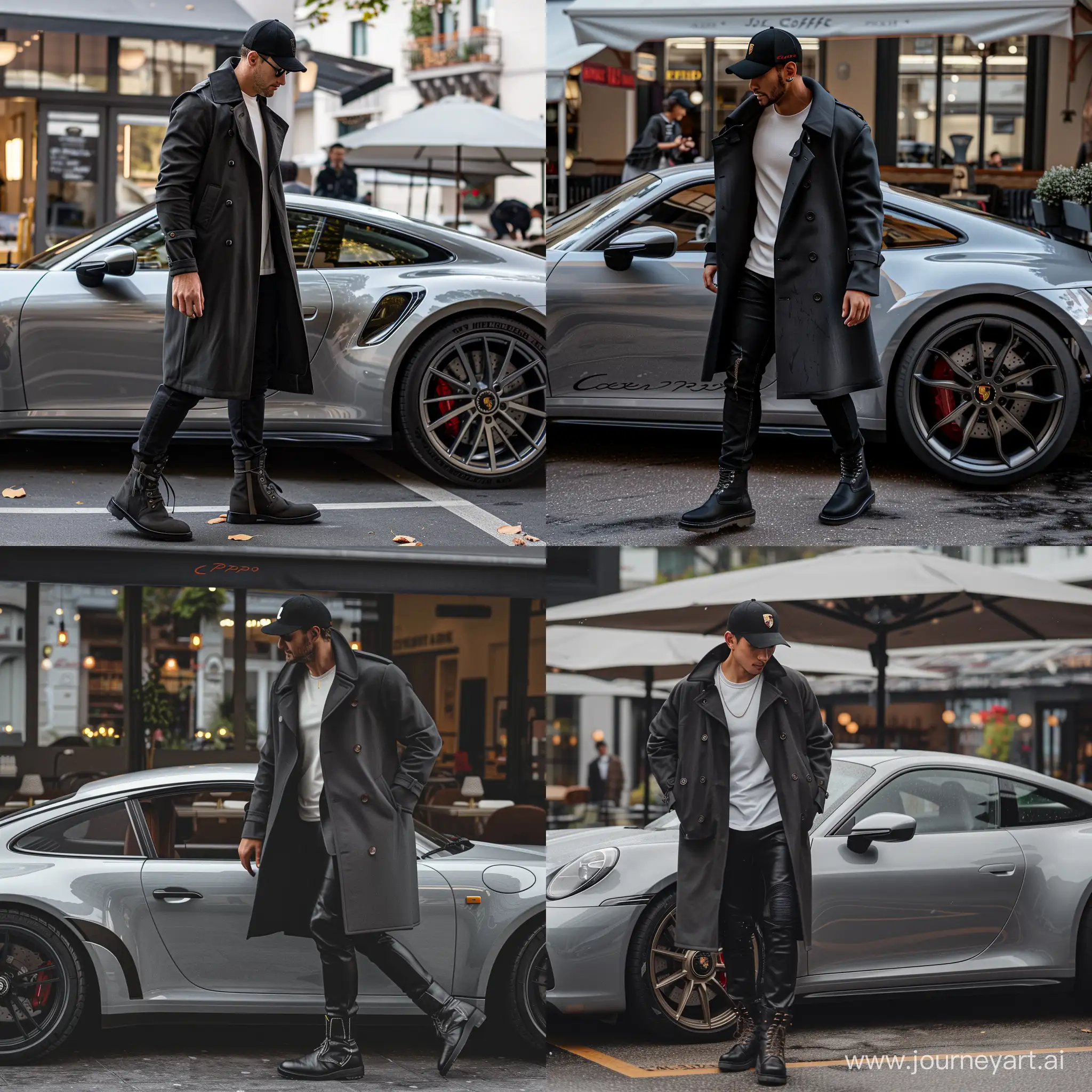 A man approaching his grey Porsche 911 2023, cinematic, realistic, man wearing a black trench coat, black baseball hat, white t-shirt, full shot, captured by iPhone 15 pro max, photo is being captured by side, the car is parked in a high-end cafe's parking lot, man wearing leather boots, and black trousers, he is approaching to open the door of his car,