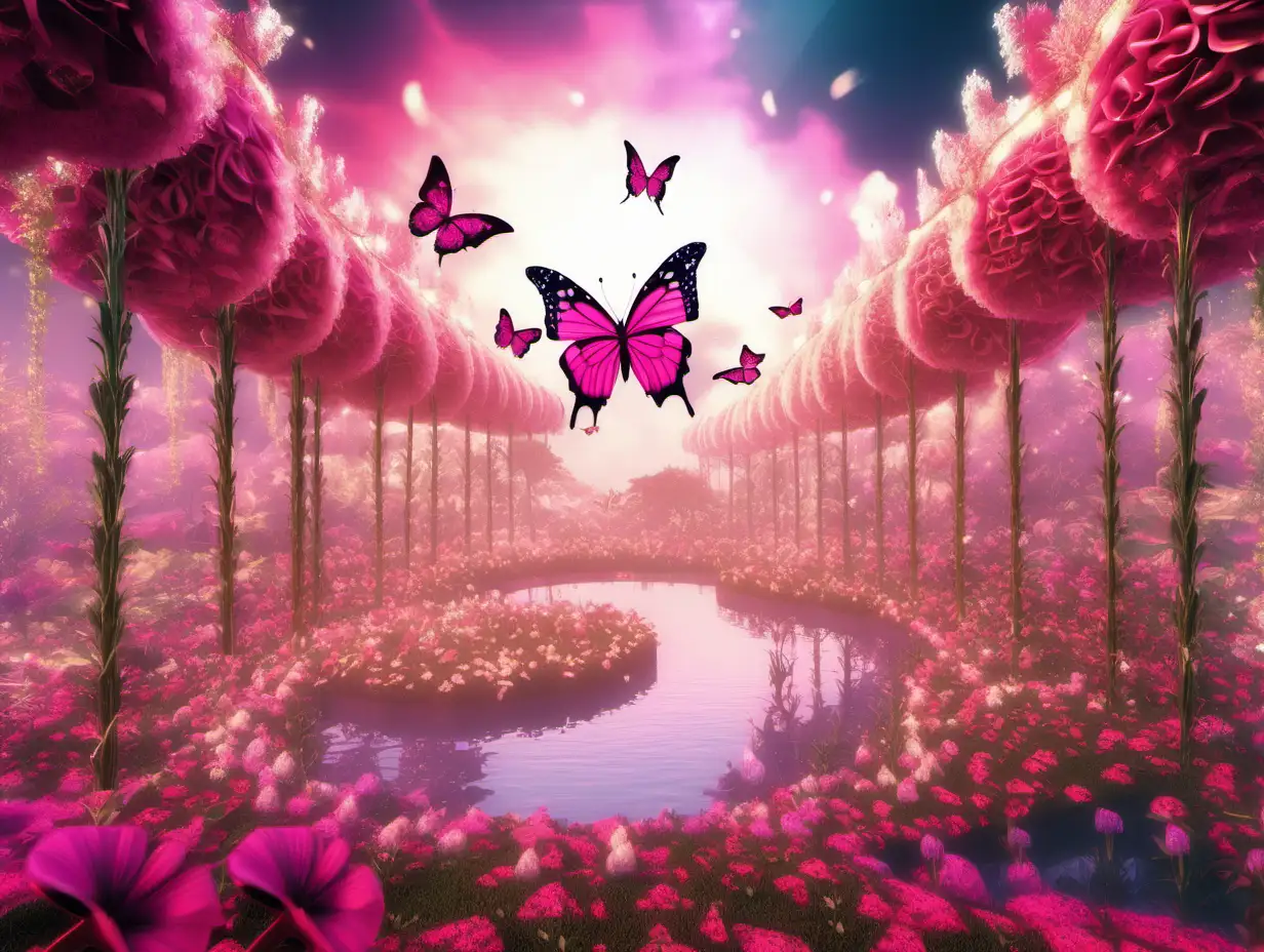 Heavenly Garden of Eden with Pink Butterfly in 8K