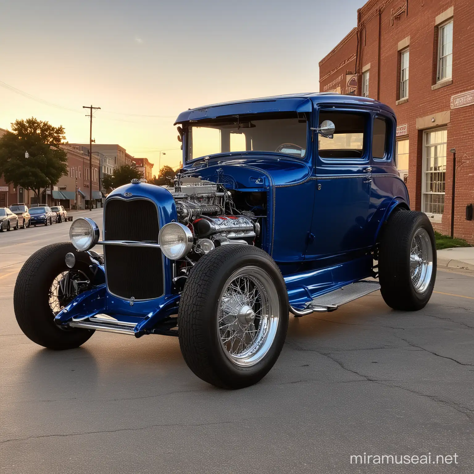 Ford modelo A 1931, hot rod, con neumáticos anchos y grandes, rines Cragar, celeste metalizado, estacionado en una calle de Jefferson City Misuri, a las 6 de la tarde, el sol poniente con su luz incide sobre el coche que se ve espectacular.