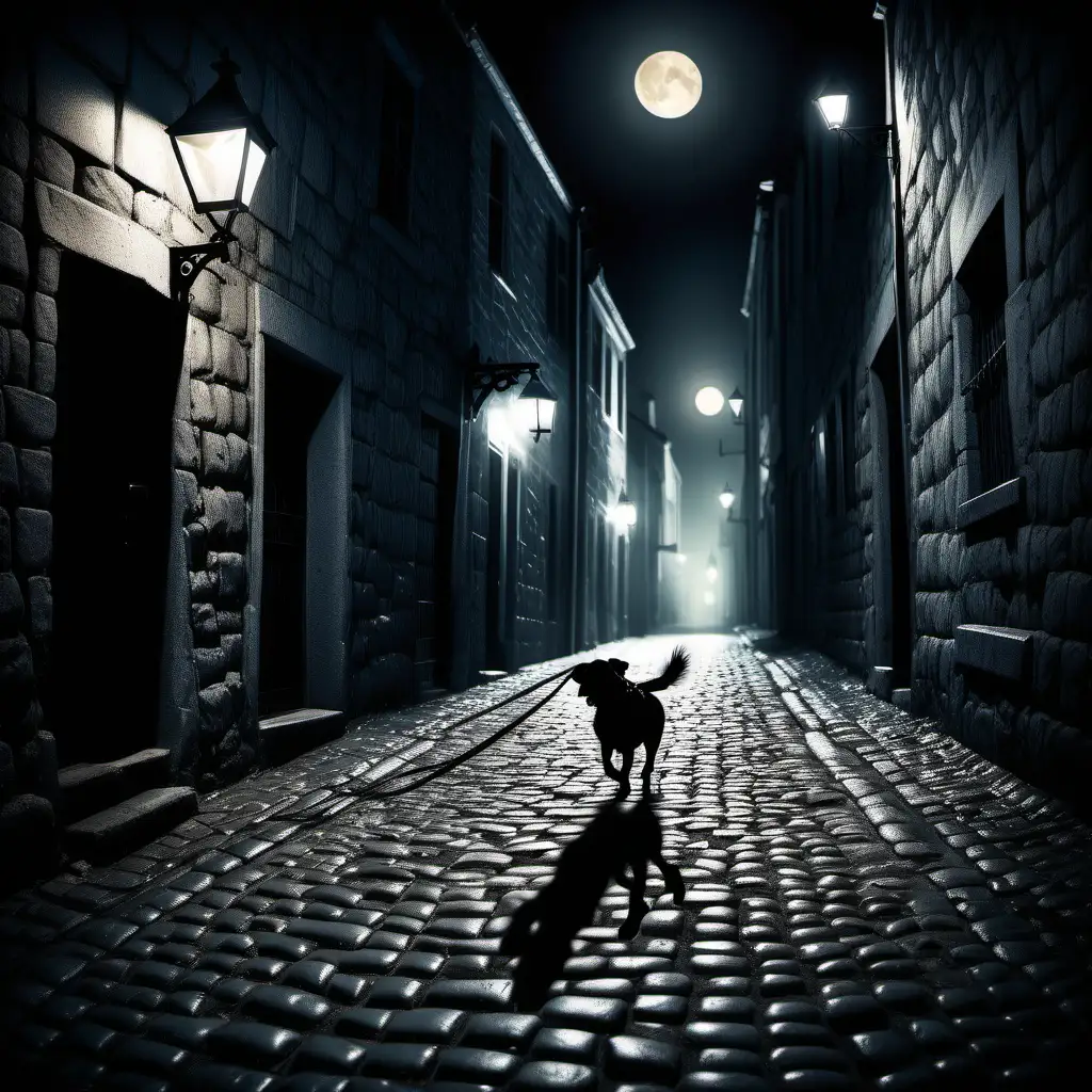 abstract loose spooky design with dog walking down cobblestone alley with one street light shining on cobblestones