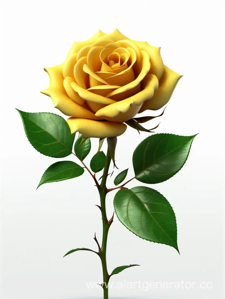 Realistic-Dark-Yellow-Rose-in-8K-HD-with-Fresh-Lush-Green-Leaves-on-White-Background