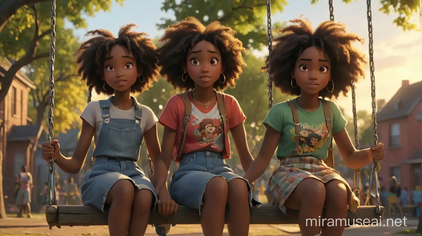 create an image of three  African american teen girls that live in the ghetto sitting on swing at the park in the ghetto. Illumination, Disney-Pixar style illustration, 3-D amination, 4K