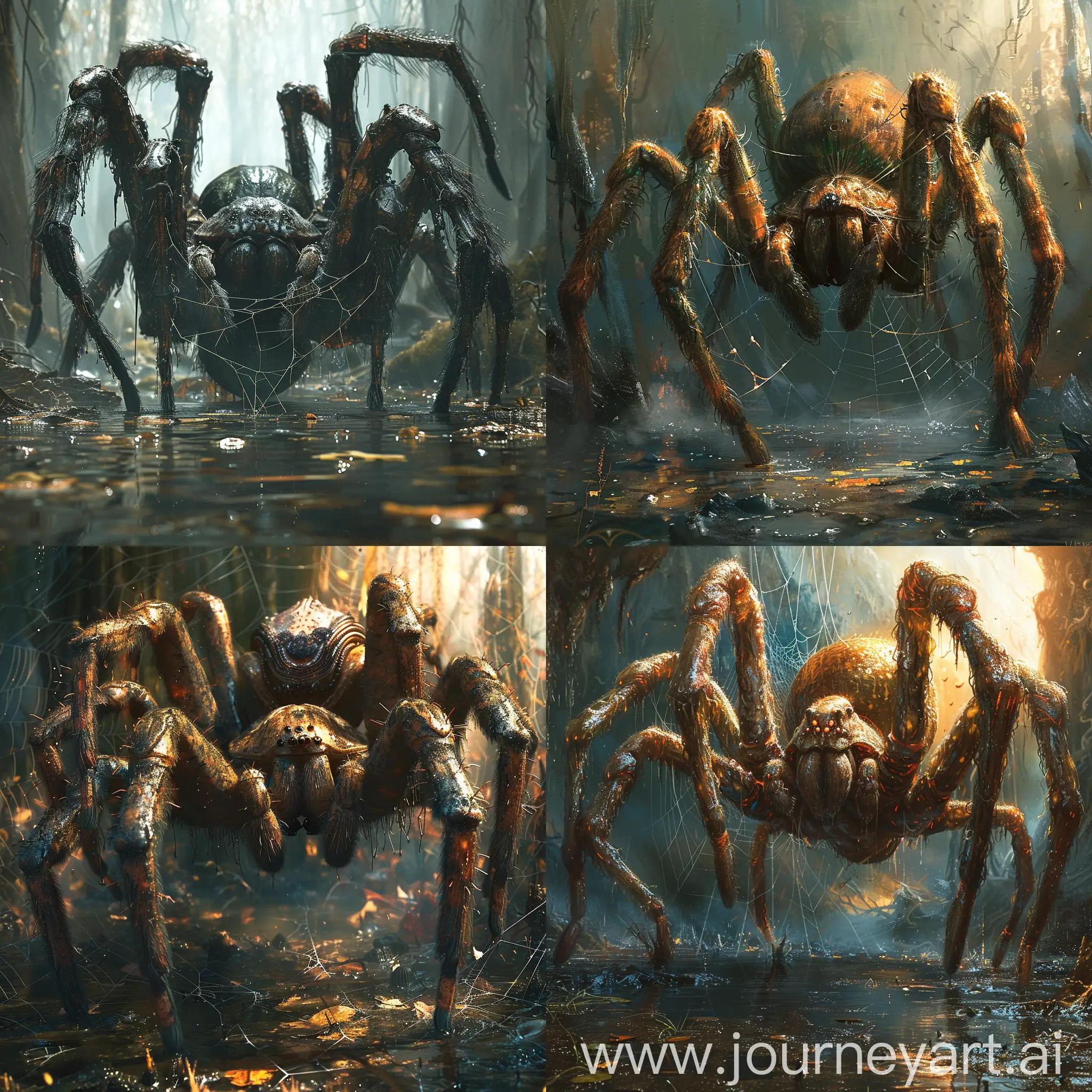 horror-themed a giant alien spider in the middle of swamp with an intricate web . eerie, unsettling, dark, spooky, suspenseful, grim, highly detailed  --stylize 750 --v 6