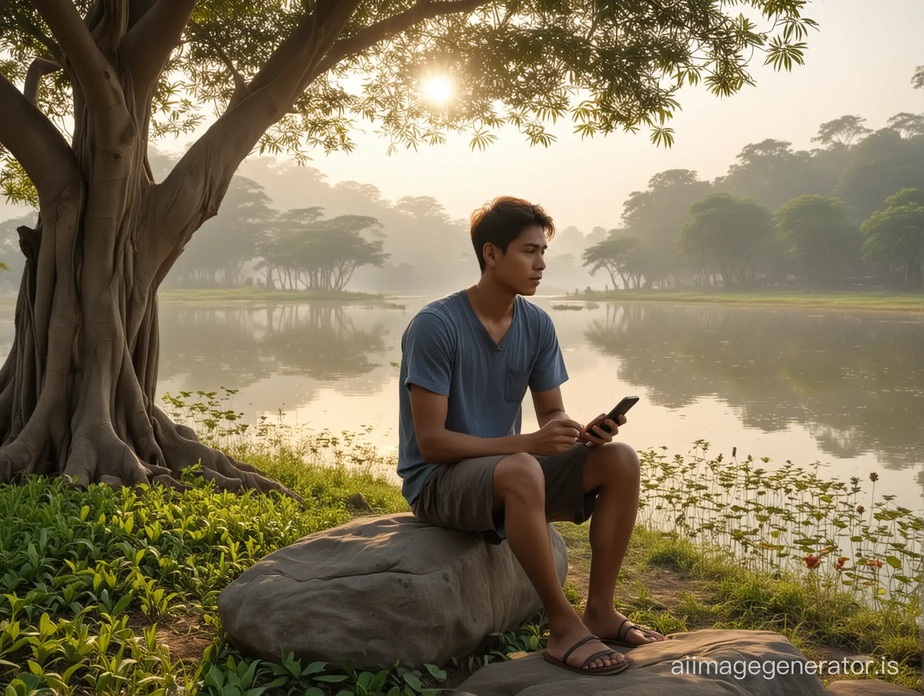 A young man, face and clear skin visible, talking in a smartphone, sitting on a small rock, there should be a single big banyan tree behind, full tree should be visible, dawn, hill, grass, pond, Lilly's, birds, Natural and Realistic HD image.
